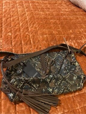 LAGGO Brown Snake-Print Shoulder Bag with Tassel Accent